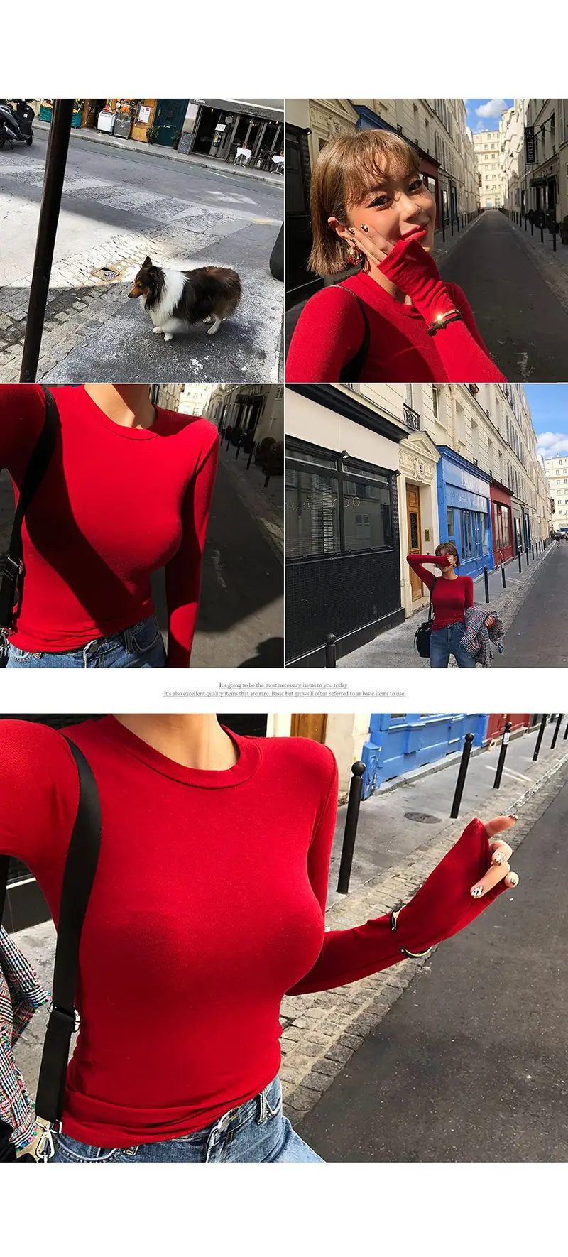 Red Long Sleeve Women's T-Shirt Slim Fit Solid Color — feature 4