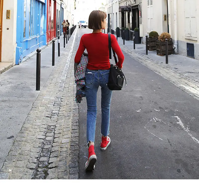 Red Long Sleeve Women's T-Shirt Slim Fit Solid Color — feature 5