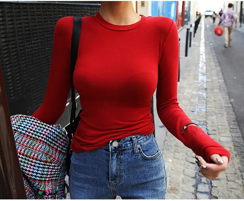 Red Long Sleeve Women's T-Shirt Slim Fit Solid Color — feature 9