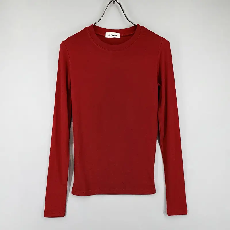Red Long Sleeve Women's T-Shirt Slim Fit Solid Color