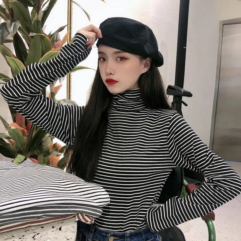 Women Knit Striped High Collar T-Shirt Autumn Winter - Image 2