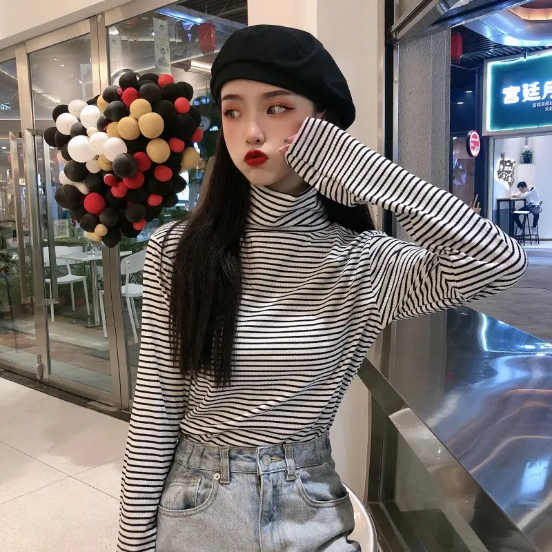 Women Knit Striped High Collar T-Shirt Autumn Winter - Image 3