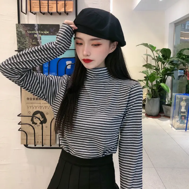 Women Knit Striped High Collar T-Shirt Autumn Winter - Image 4