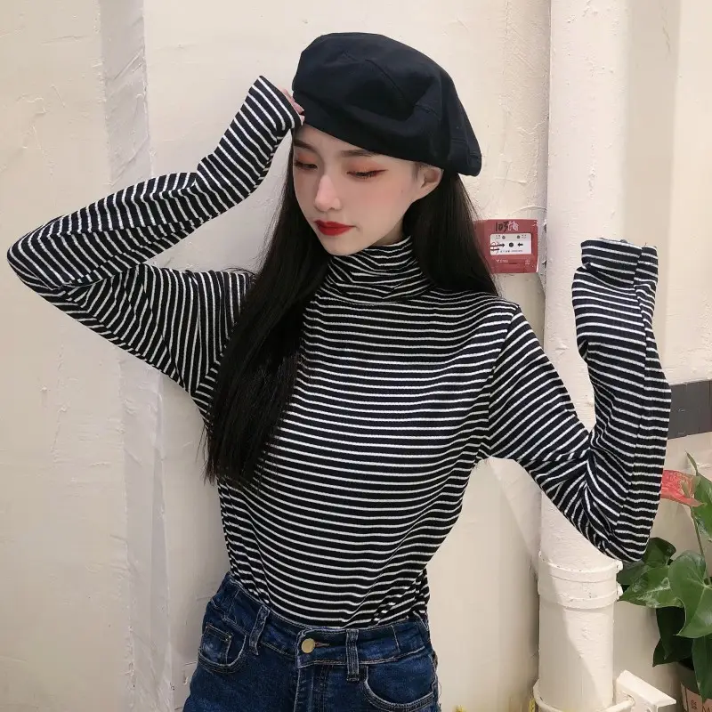 Women Knit Striped High Collar T-Shirt Autumn Winter — feature 11