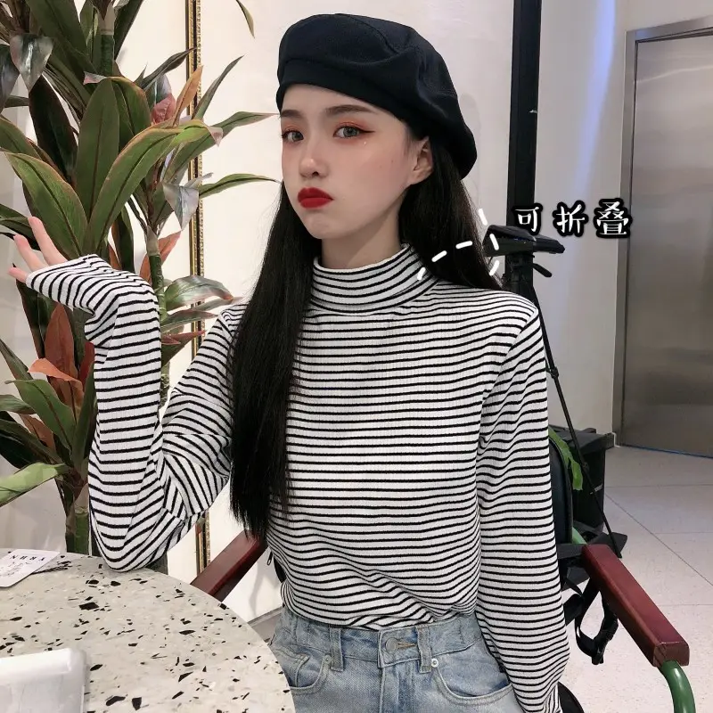 Women Knit Striped High Collar T-Shirt Autumn Winter — feature 13