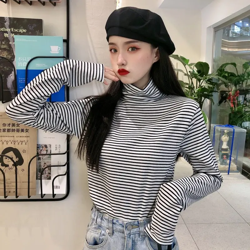 Women Knit Striped High Collar T-Shirt Autumn Winter — feature 15