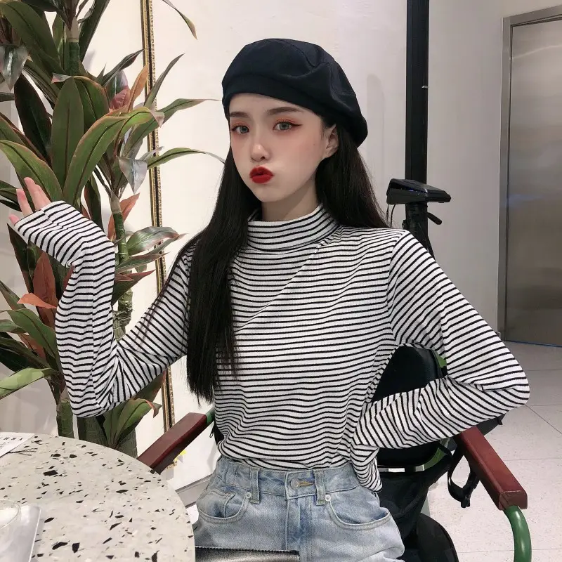 Women Knit Striped High Collar T-Shirt Autumn Winter — feature 16