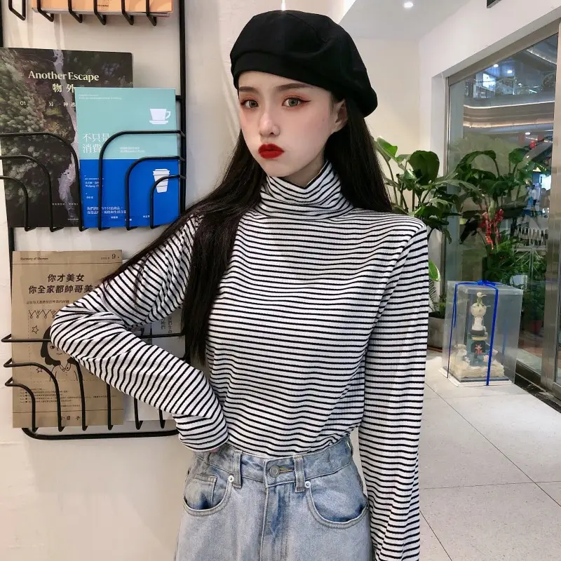 Women Knit Striped High Collar T-Shirt Autumn Winter — feature 18