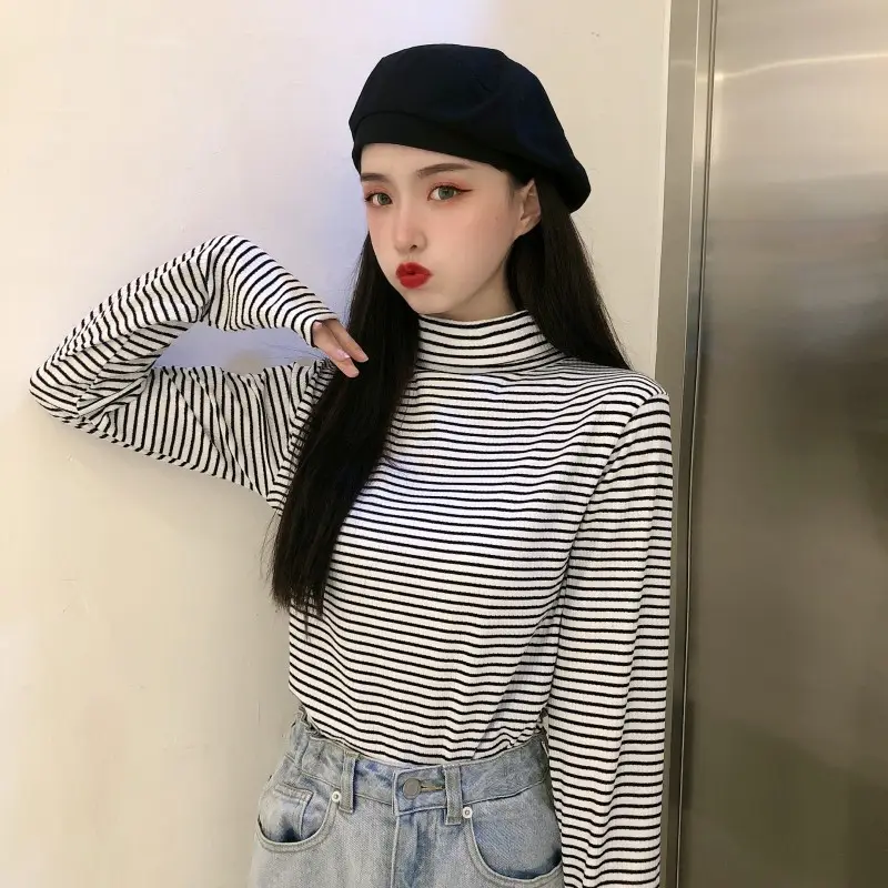 Women Knit Striped High Collar T-Shirt Autumn Winter — feature 19