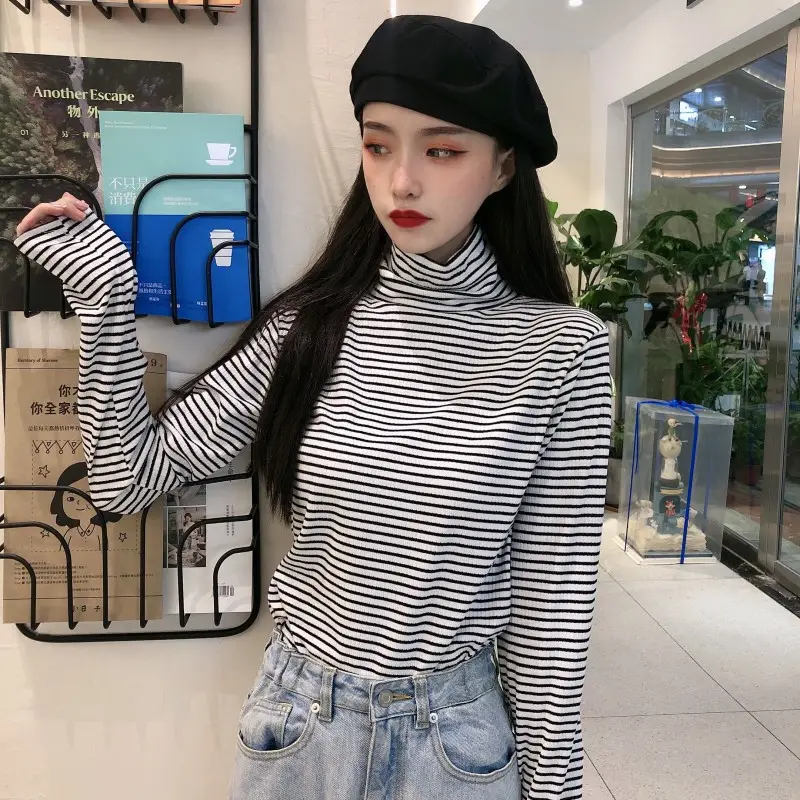 Women Knit Striped High Collar T-Shirt Autumn Winter — feature 20