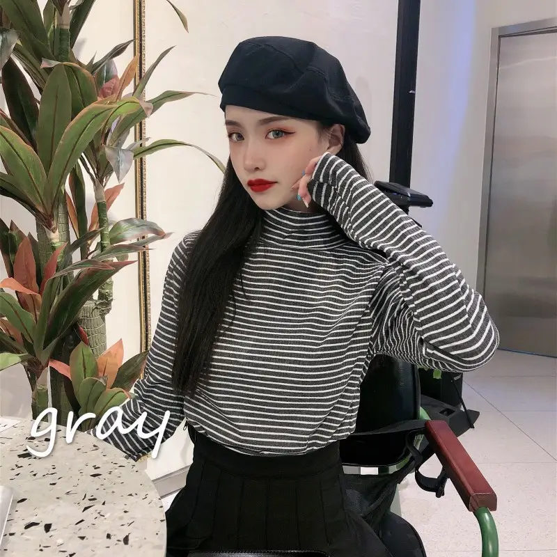 Women Knit Striped High Collar T-Shirt Autumn Winter — feature 22