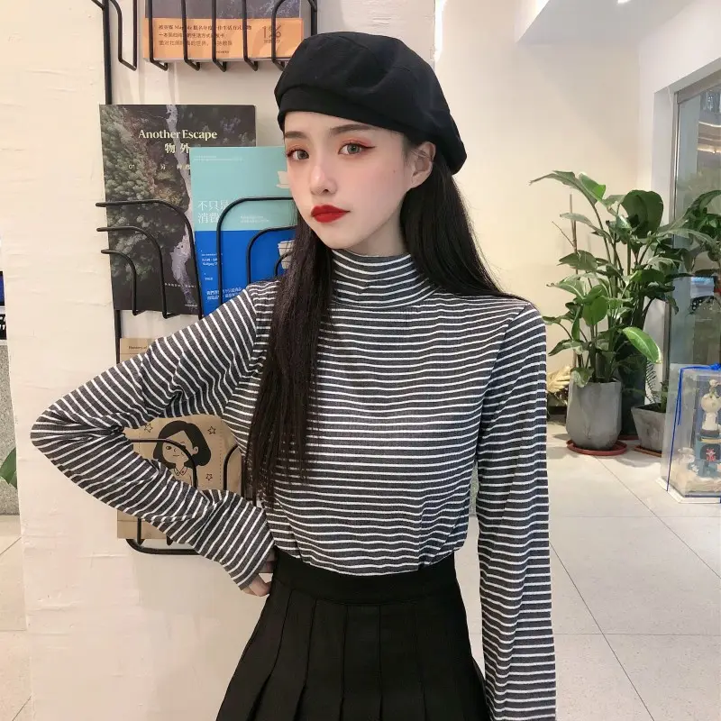 Women Knit Striped High Collar T-Shirt Autumn Winter — feature 25