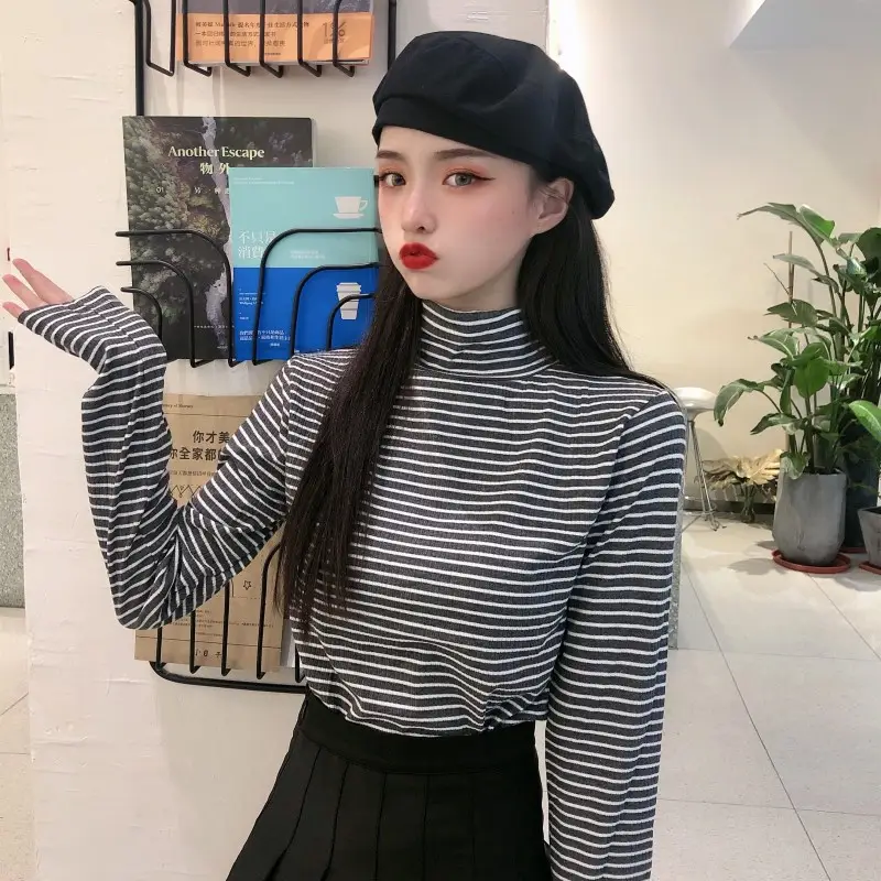 Women Knit Striped High Collar T-Shirt Autumn Winter — feature 27