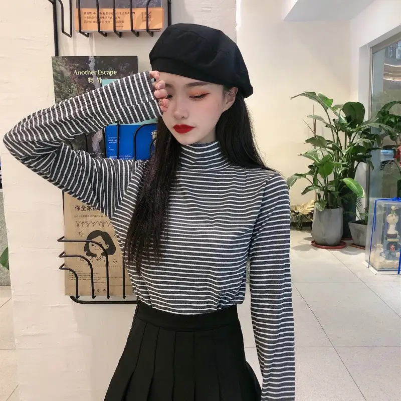 Women Knit Striped High Collar T-Shirt Autumn Winter — feature 29