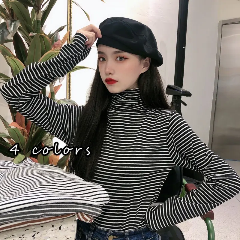 Women Knit Striped High Collar T-Shirt Autumn Winter — feature 3