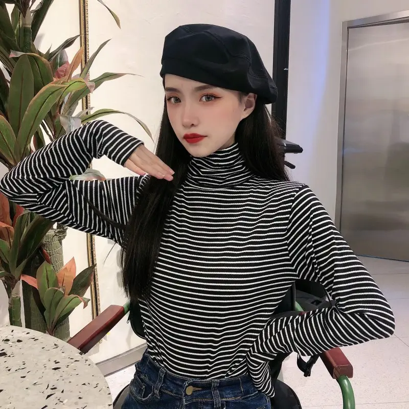 Women Knit Striped High Collar T-Shirt Autumn Winter — feature 4