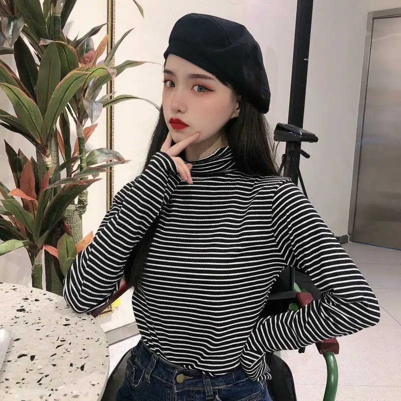 Women Knit Striped High Collar T-Shirt Autumn Winter — feature 6