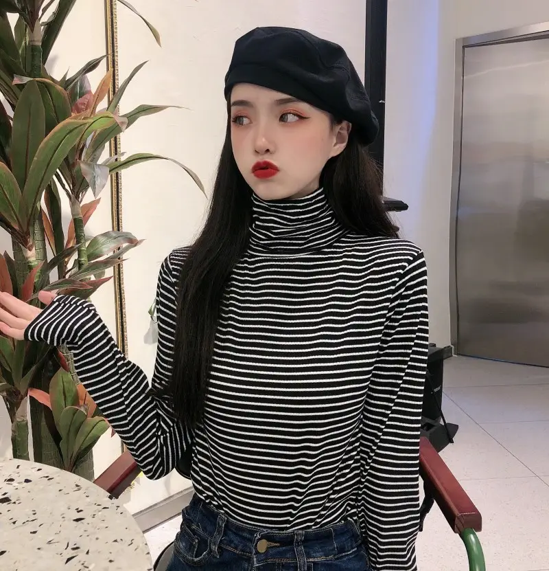 Women Knit Striped High Collar T-Shirt Autumn Winter — feature 8