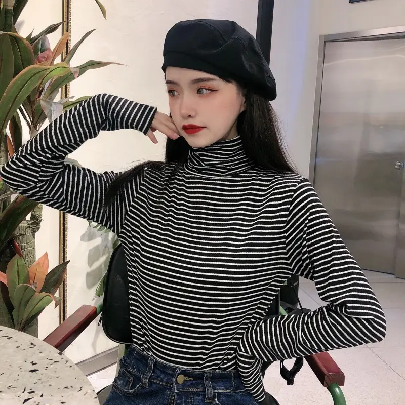 Women Knit Striped High Collar T-Shirt Autumn Winter — feature 9