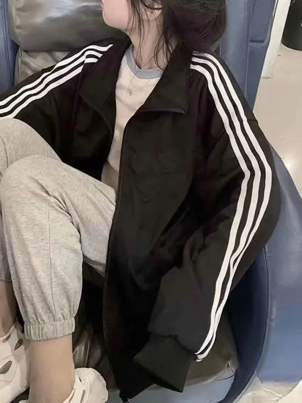 Women 2024 Black Three Stripe Jacket Loose Fit Korean Style