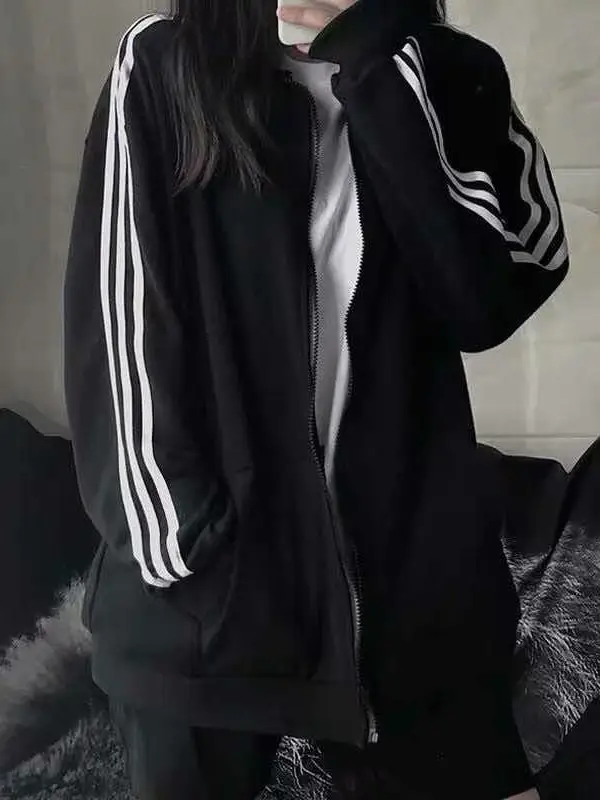 Women 2024 Black Three Stripe Jacket Loose Fit Korean Style