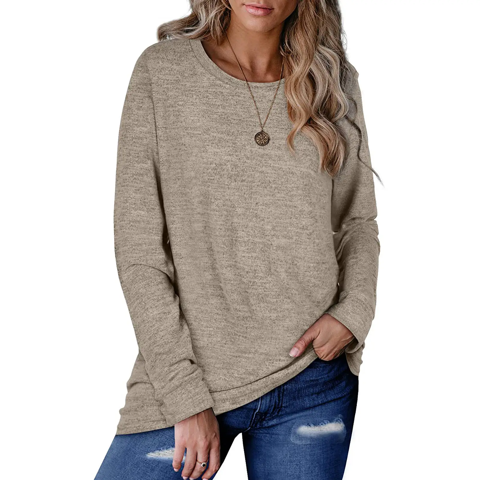 Women's Dark Gray Cotton Pullover Sweatshirt Long Sleeve Loose Fit - Image 3