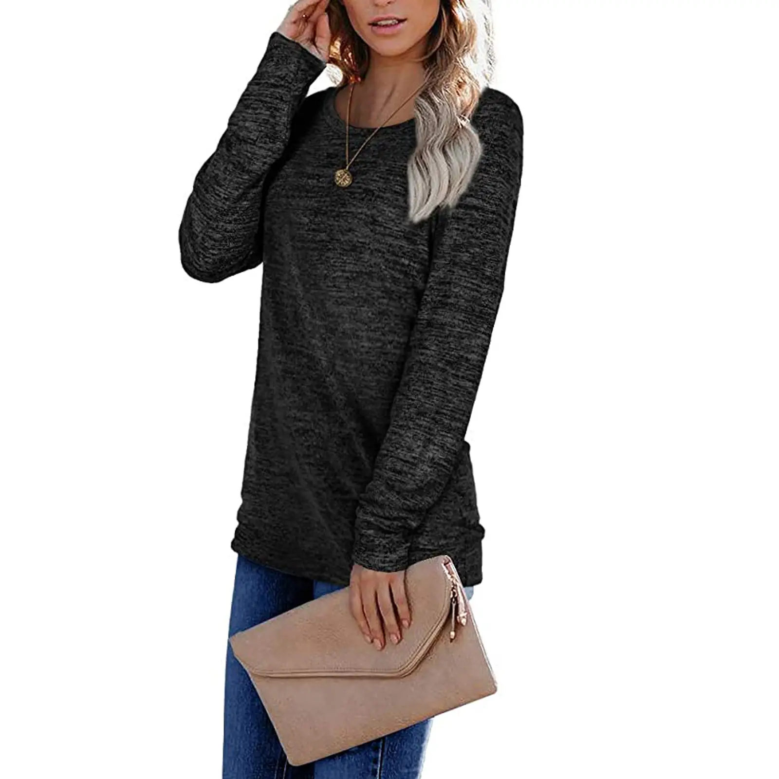 Women's Dark Gray Cotton Pullover Sweatshirt Long Sleeve Loose Fit — feature 10