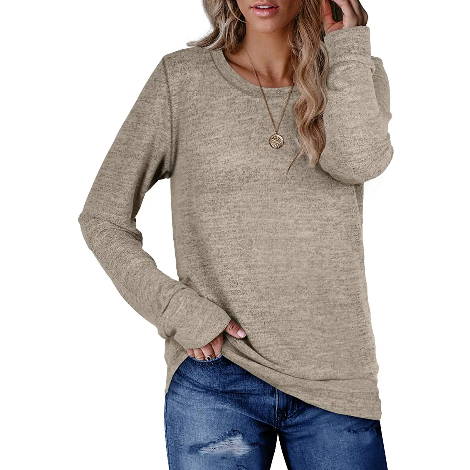 Women's Dark Gray Cotton Pullover Sweatshirt Long Sleeve Loose Fit — feature 13