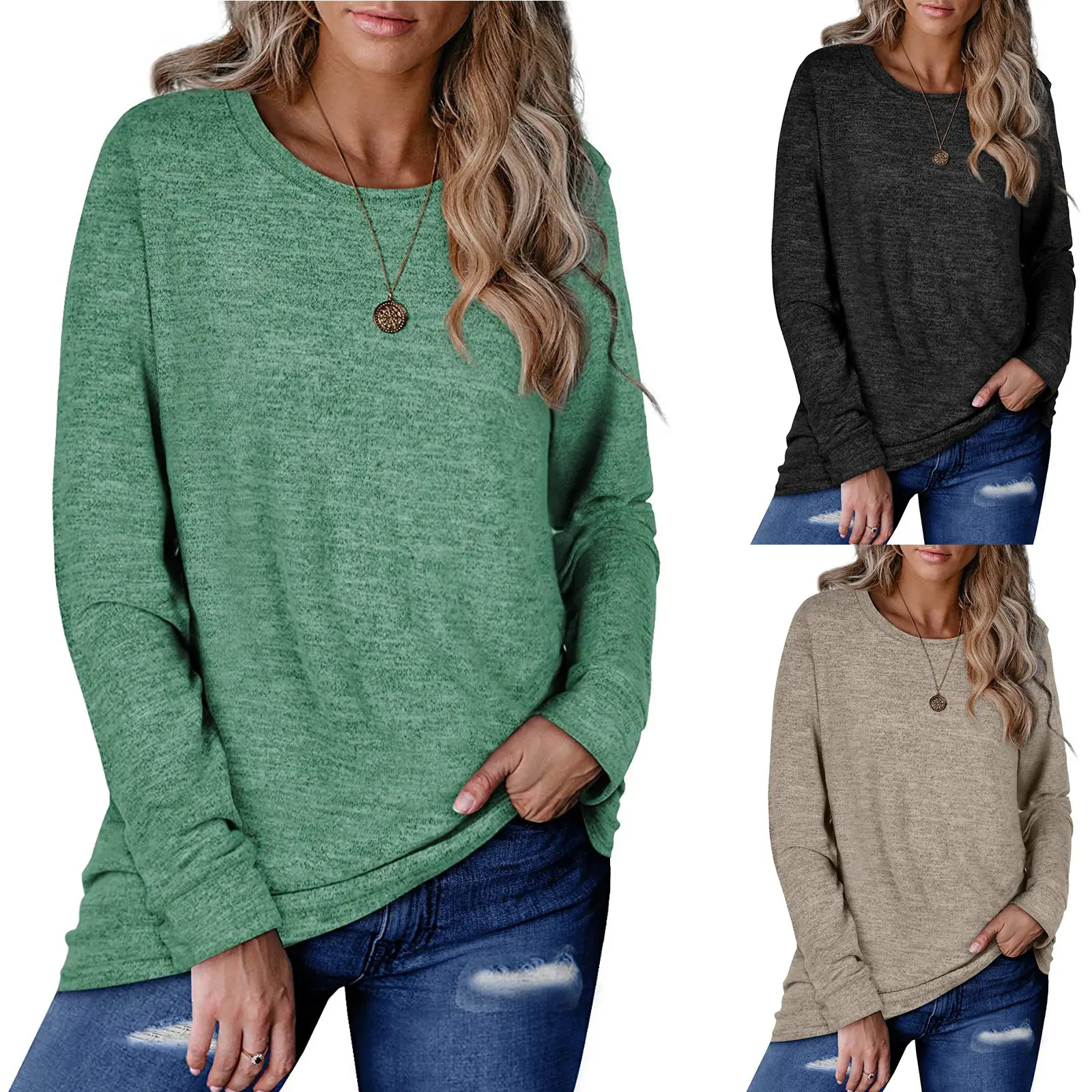 Women's Dark Gray Cotton Pullover Sweatshirt Long Sleeve Loose Fit — feature 2