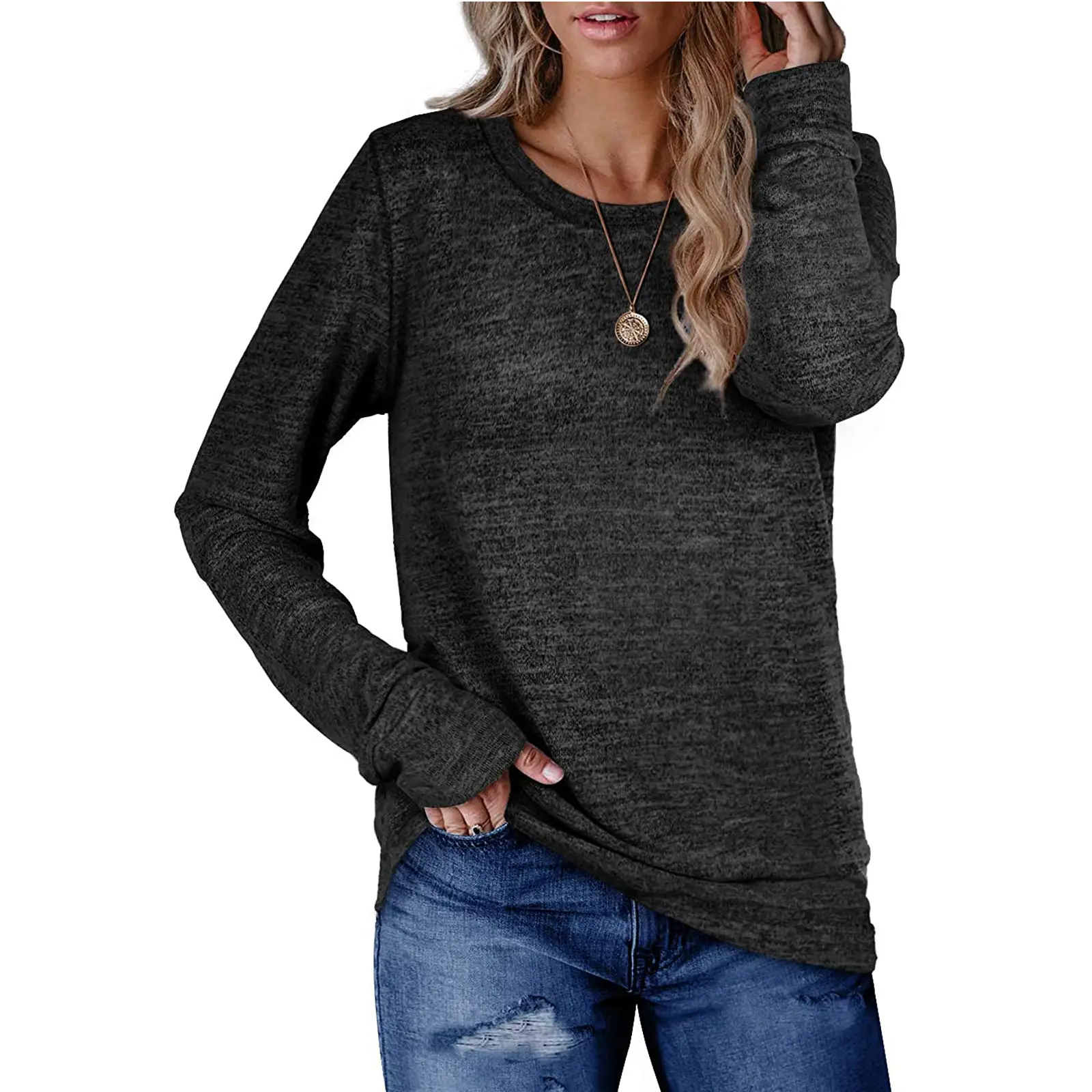 Women's Dark Gray Cotton Pullover Sweatshirt Long Sleeve Loose Fit — feature 7