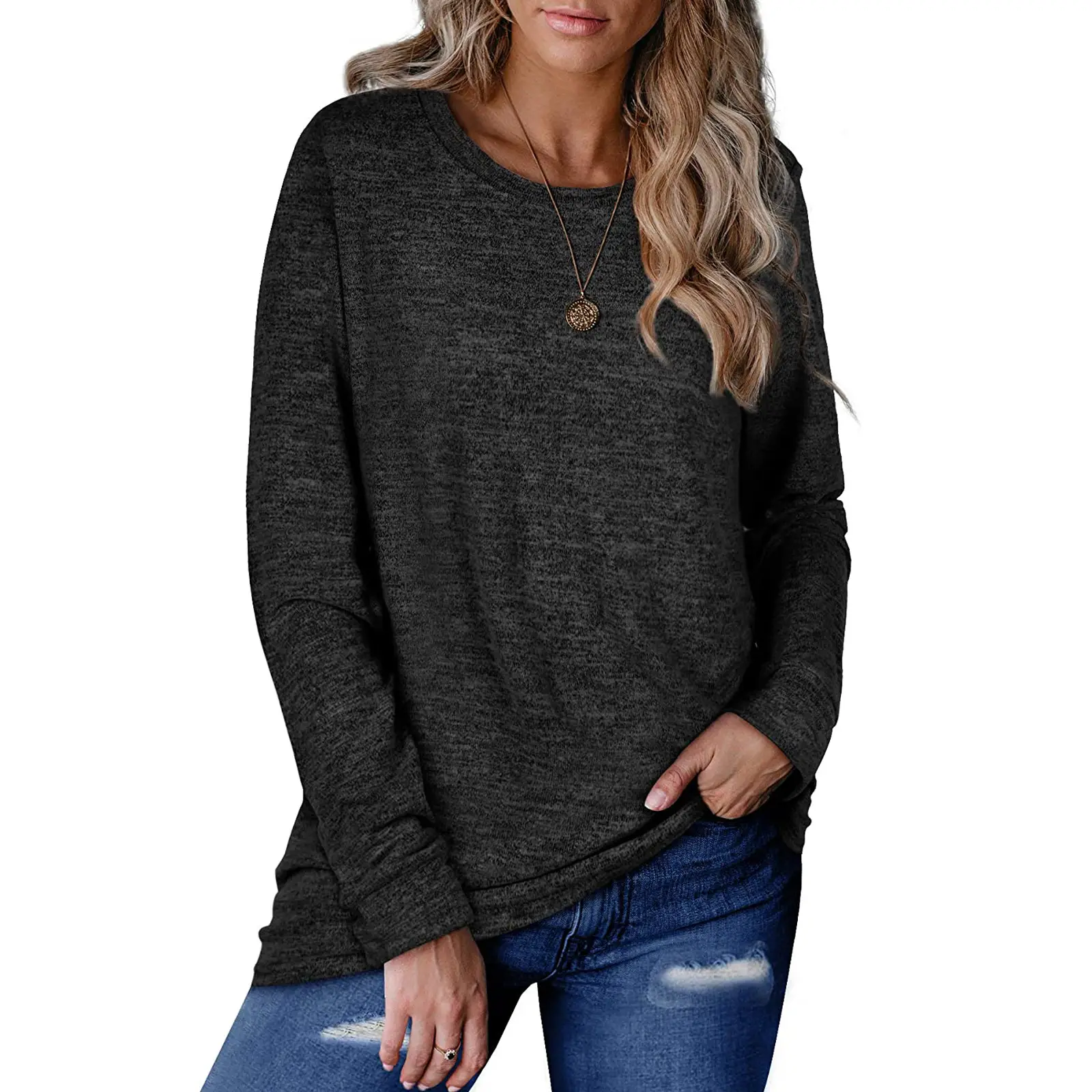 Women's Dark Gray Cotton Pullover Sweatshirt Long Sleeve Loose Fit — feature 8