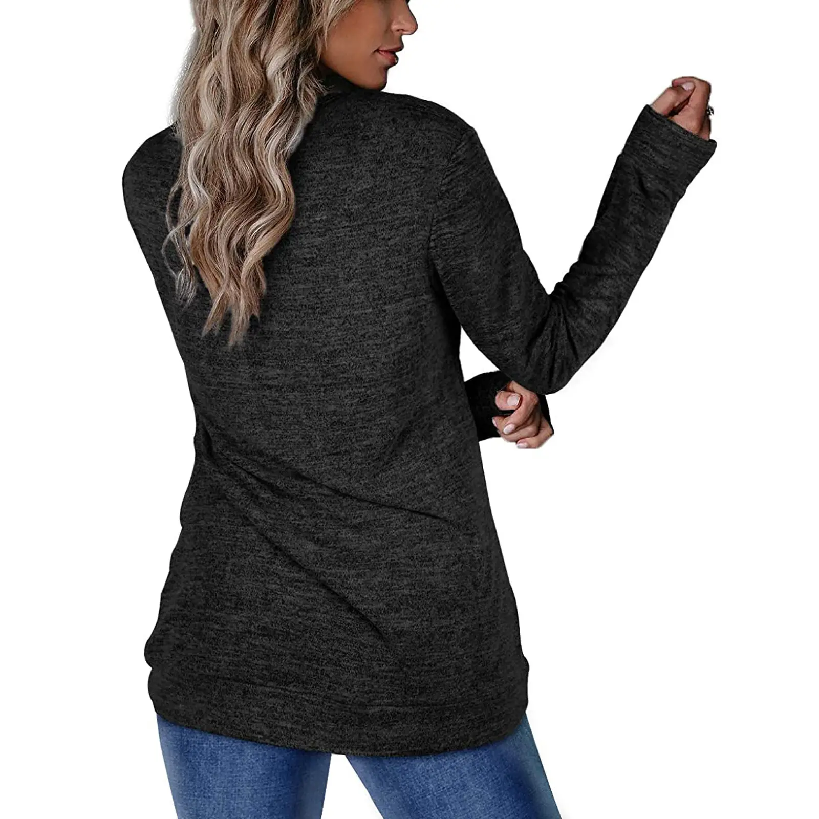 Women's Dark Gray Cotton Pullover Sweatshirt Long Sleeve Loose Fit — feature 9