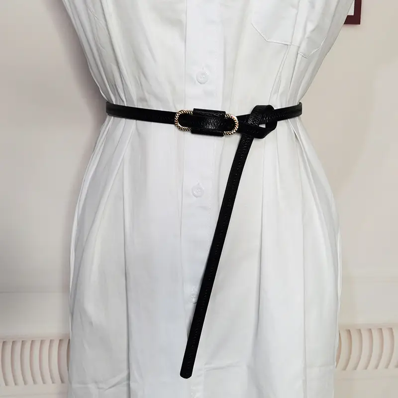 New Women's Knot Leather Belt Black Thin Cowhide