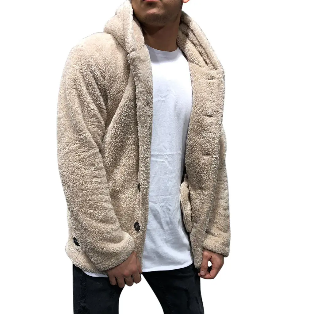 Men's Grey Fleece Hooded Jacket Solid Color - Image 3