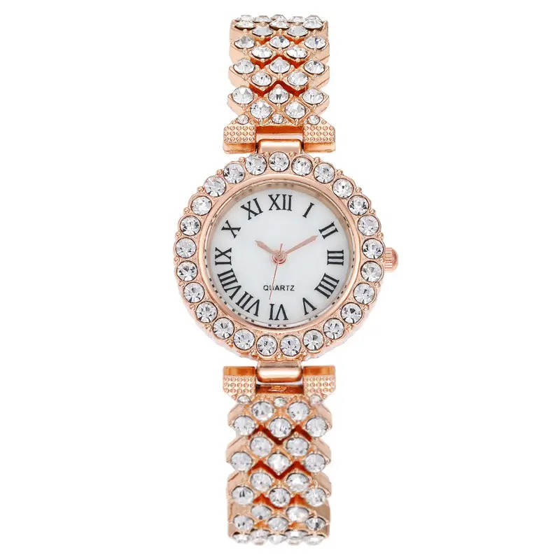 Gold Roman Diamond Women's Quartz Watch with Bracelet