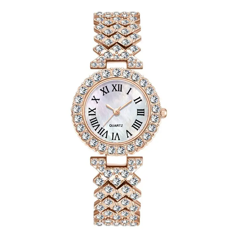 Gold Roman Diamond Women's Quartz Watch with Bracelet