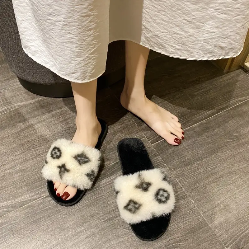 Foreign trade Amazon autumn and winter new large fur flat slippers Women's Home non-slip rabbit fur open cotton slippers wholesale