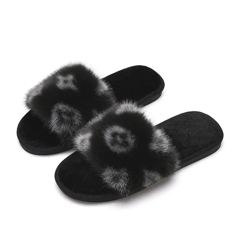 Foreign trade Amazon autumn and winter new large fur flat slippers Women's Home non-slip rabbit fur open cotton slippers wholesale