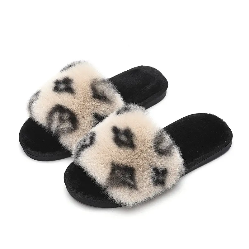 Foreign trade Amazon autumn and winter new large fur flat slippers Women's Home non-slip rabbit fur open cotton slippers wholesale