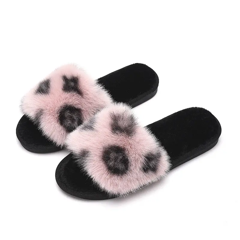 Foreign trade Amazon autumn and winter new large fur flat slippers Women's Home non-slip rabbit fur open cotton slippers wholesale