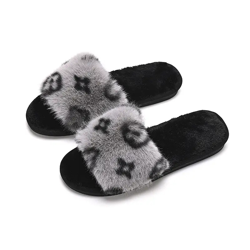 Foreign trade Amazon autumn and winter new large fur flat slippers Women's Home non-slip rabbit fur open cotton slippers wholesale