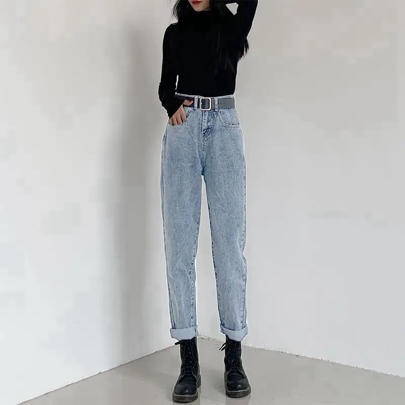 Women's Grey Denim High Waist Pants with Black Top & Boots - Image 2