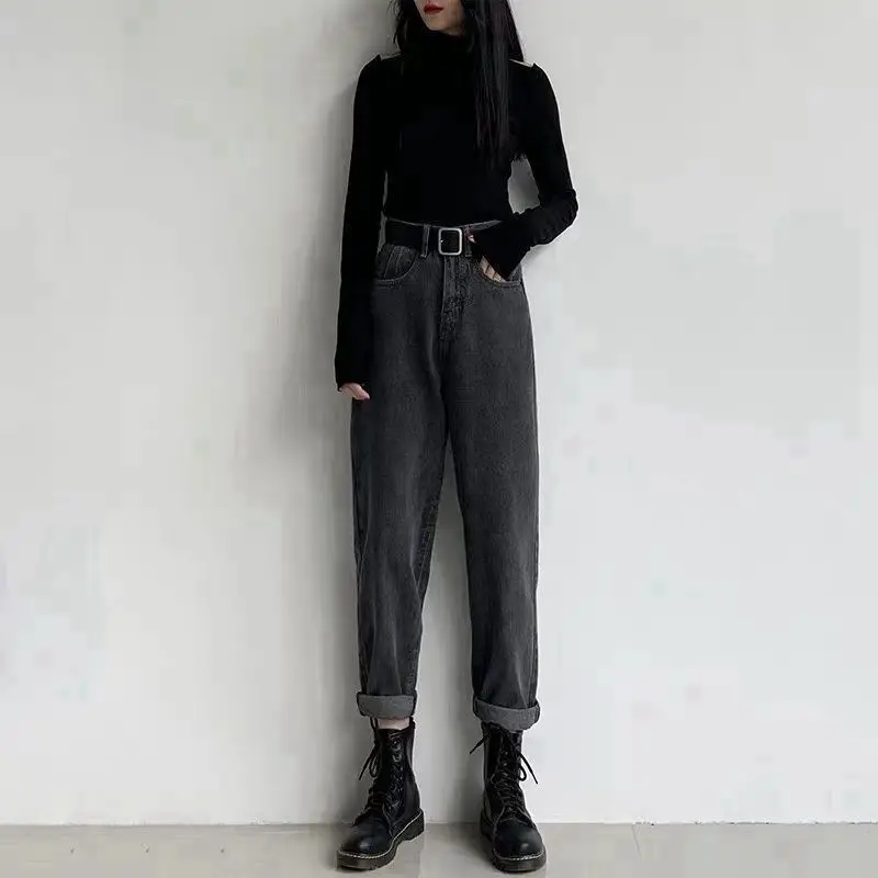 Women's Grey Denim High Waist Pants with Black Top & Boots - Image 3