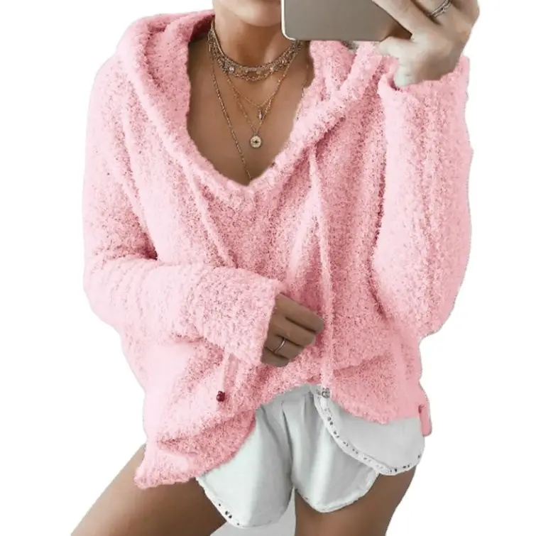 Blue Fleece Hooded Pullover Sweater for Women - Image 6