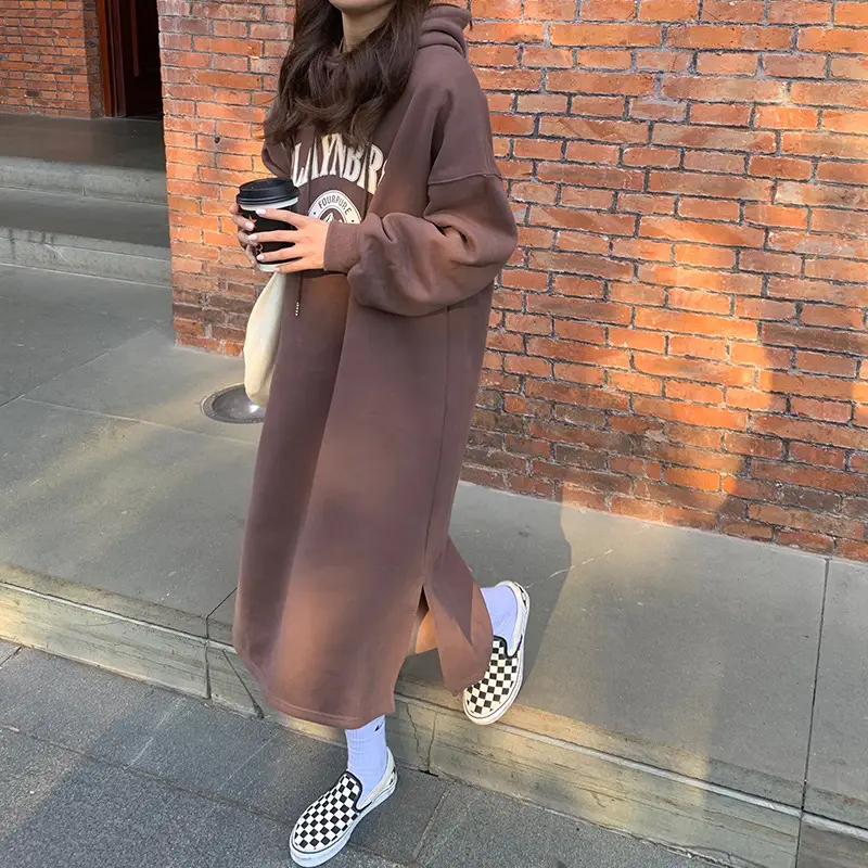 2020 Korean Letter Print Velvet Hooded Dress for Women - Image 5