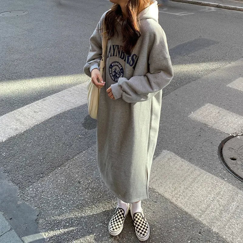 2020 Korean Letter Print Velvet Hooded Dress for Women - Image 6