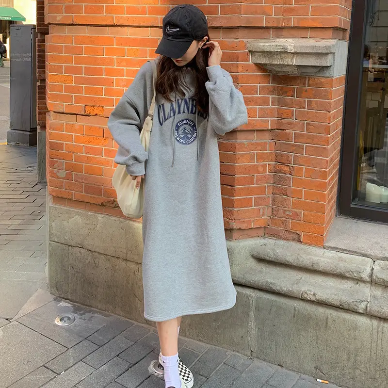 2020 Korean Letter Print Velvet Hooded Dress for Women - Image 7