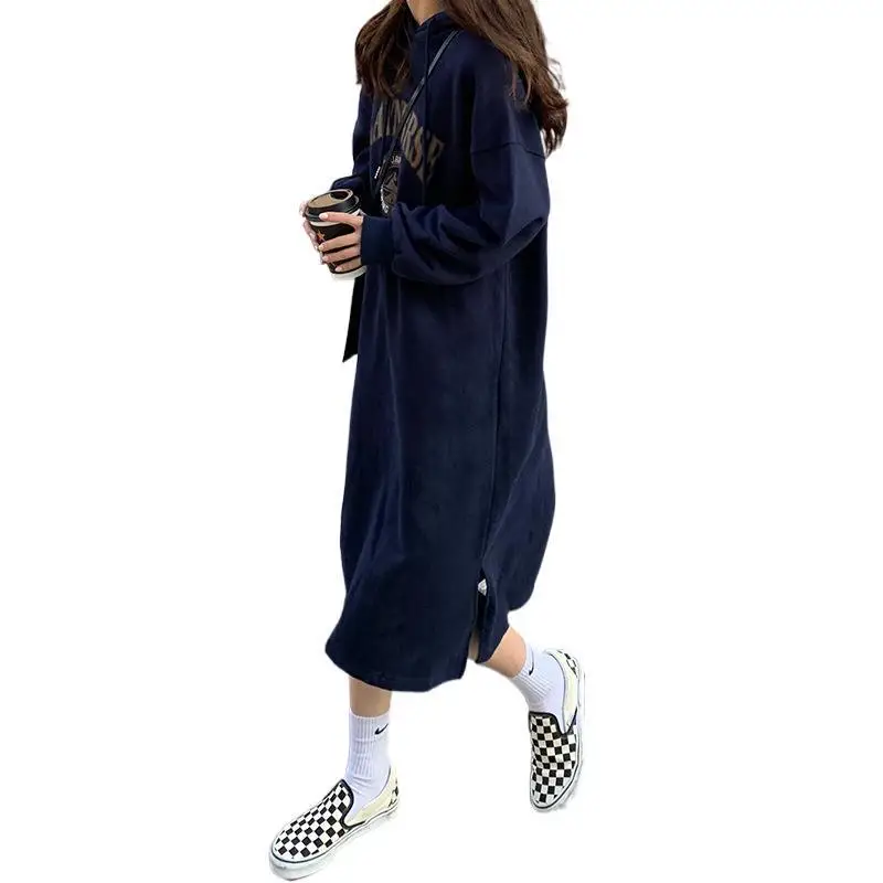 2020 Korean Letter Print Velvet Hooded Dress for Women - Image 8