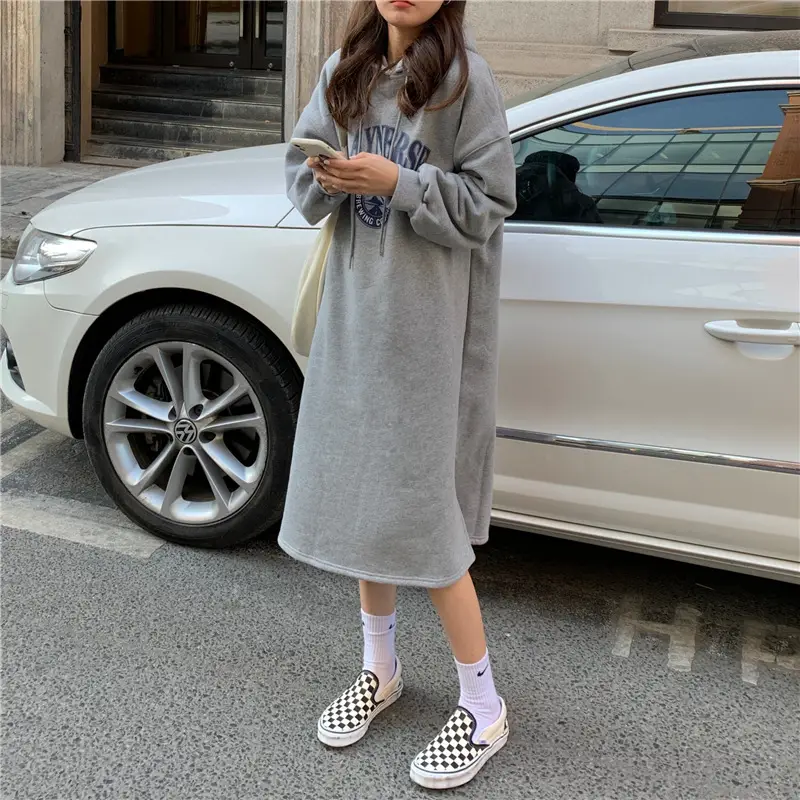 2020 Korean Letter Print Velvet Hooded Dress for Women — feature 18