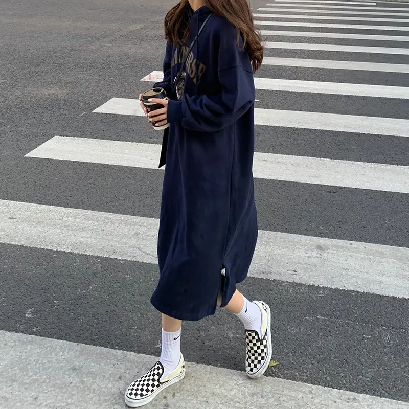 2020 Korean Letter Print Velvet Hooded Dress for Women - Image 2